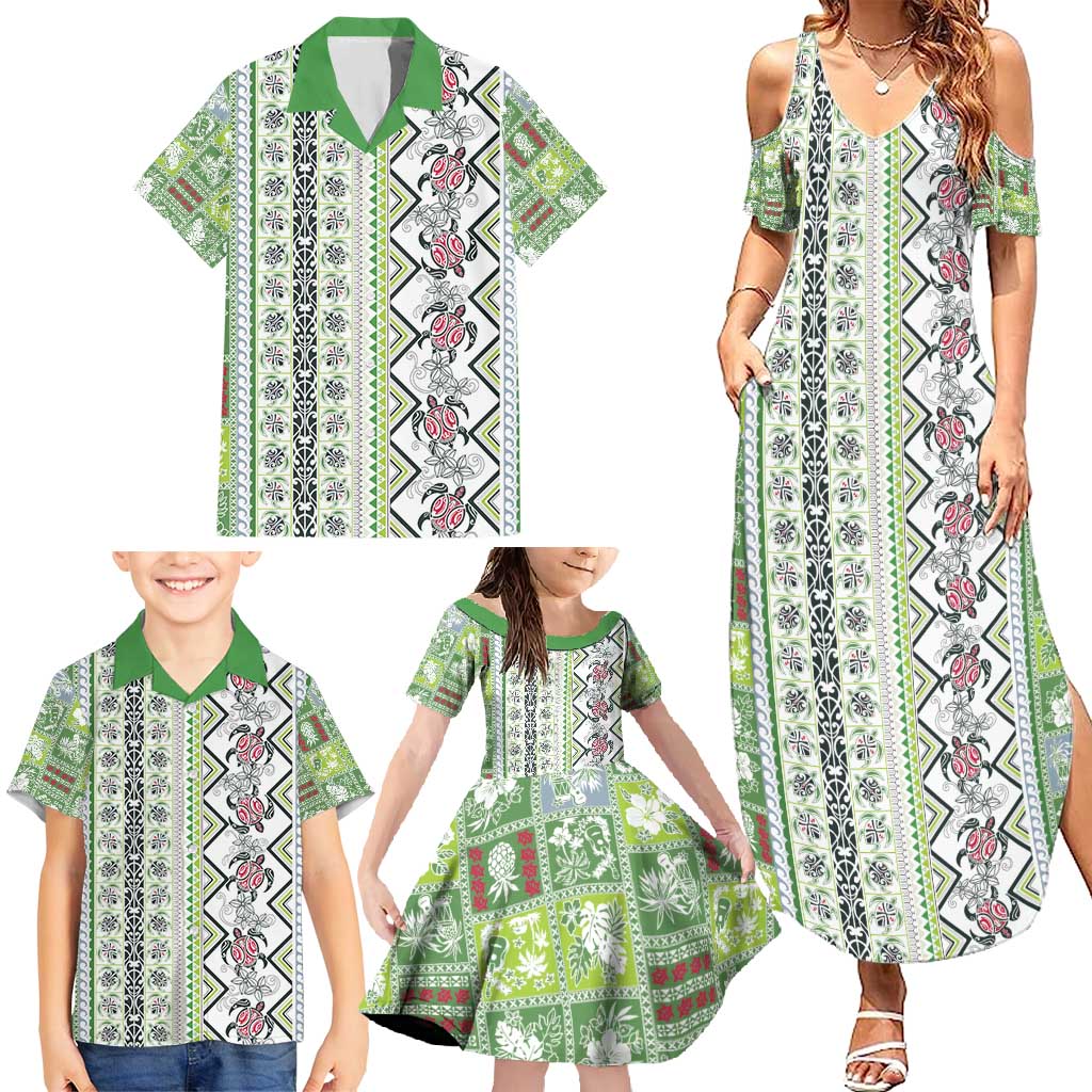 Hawaii Makahiki Turtle Family Matching Summer Maxi Dress and Hawaiian Shirt Green Tapa Pattern - Polynesian Pride