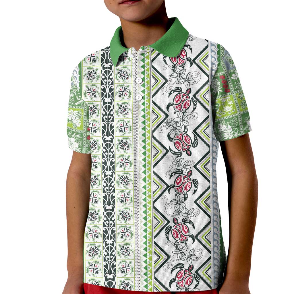 Hawaii Makahiki Turtle Kid Polo Shirt Green Tapa Pattern - Polynesian Pride