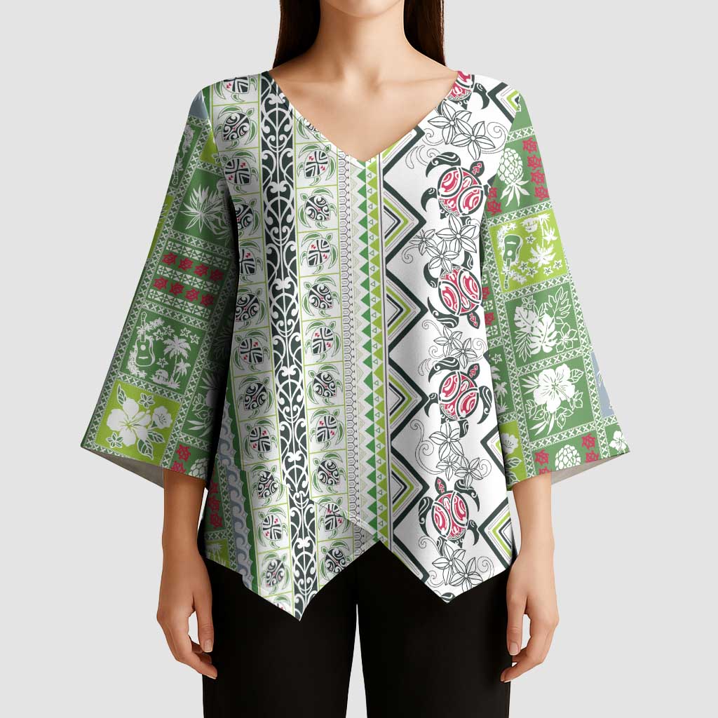 Hawaii Makahiki Turtle Kimono Sleeve Blouse Green Tapa Pattern - Polynesian Pride