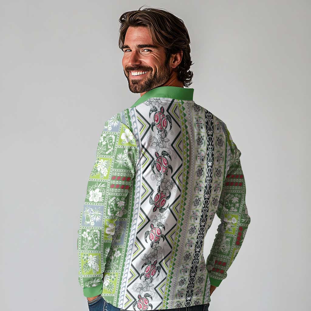 Hawaii Makahiki Turtle Long Sleeve Polo Shirt Green Tapa Pattern - Polynesian Pride