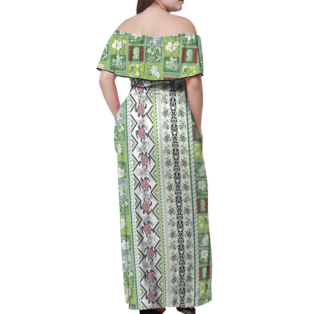 Hawaii Makahiki Turtle Off Shoulder Maxi Dress Green Tapa Pattern - Polynesian Pride