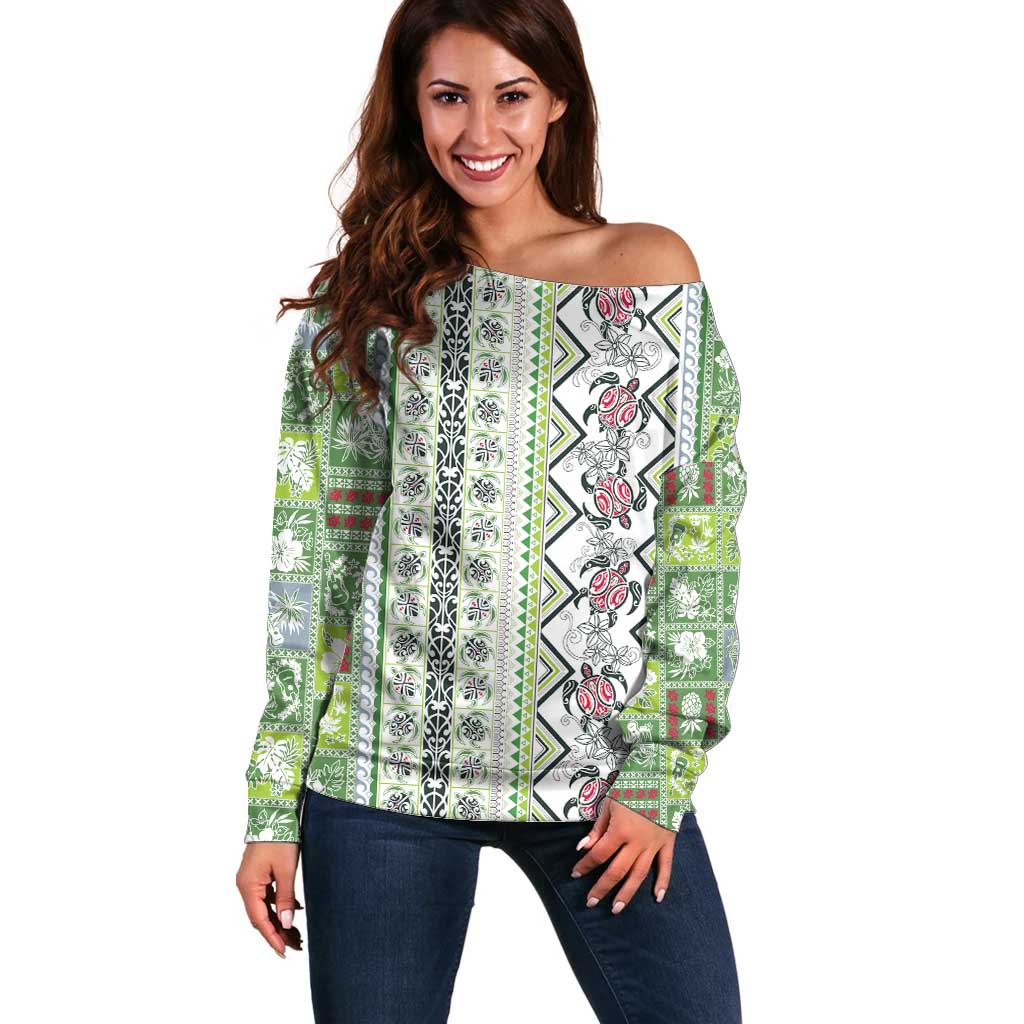 Hawaii Makahiki Turtle Off Shoulder Sweater Green Tapa Pattern - Polynesian Pride