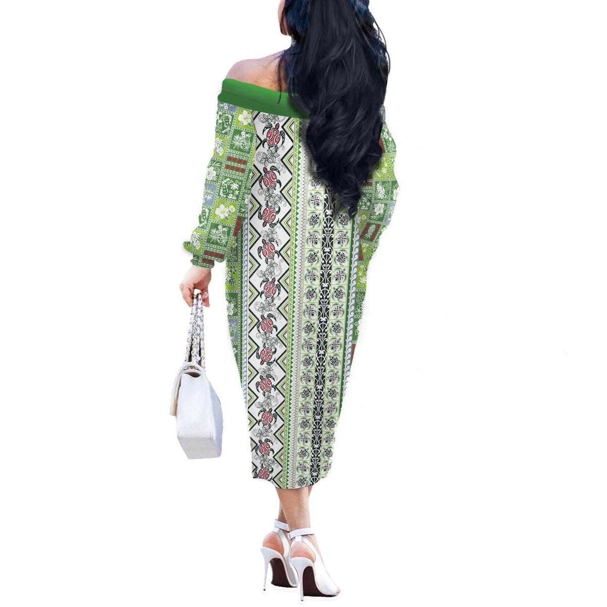 Hawaii Makahiki Turtle Off The Shoulder Long Sleeve Dress Green Tapa Pattern - Polynesian Pride