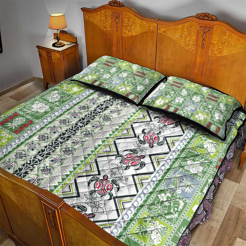 Hawaii Makahiki Turtle Quilt Bed Set Green Tapa Pattern - Polynesian Pride