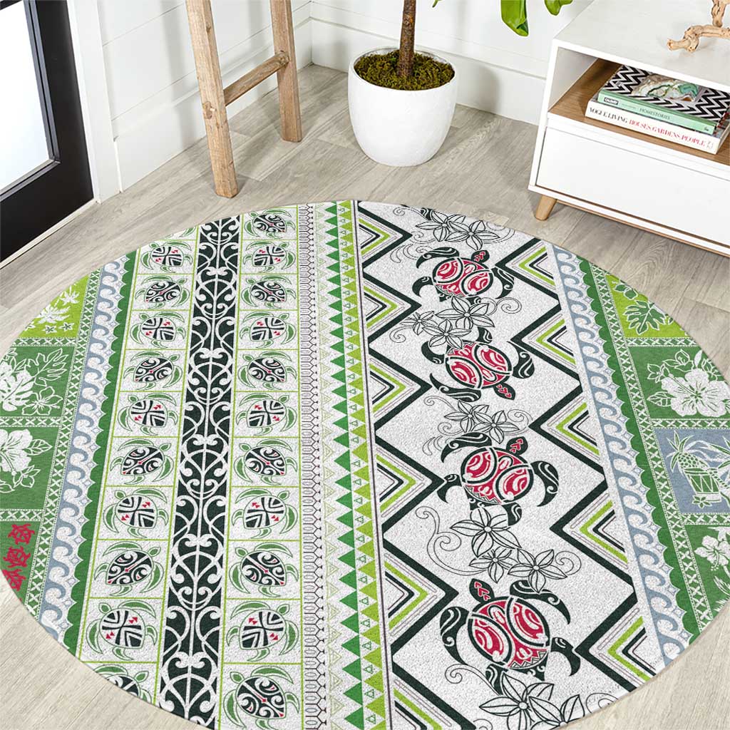 Hawaii Makahiki Turtle Round Carpet Green Tapa Pattern - Polynesian Pride
