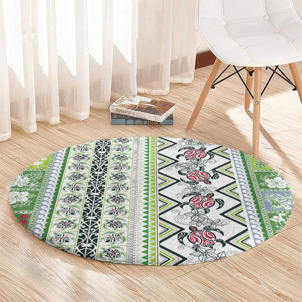 Hawaii Makahiki Turtle Round Carpet Green Tapa Pattern - Polynesian Pride