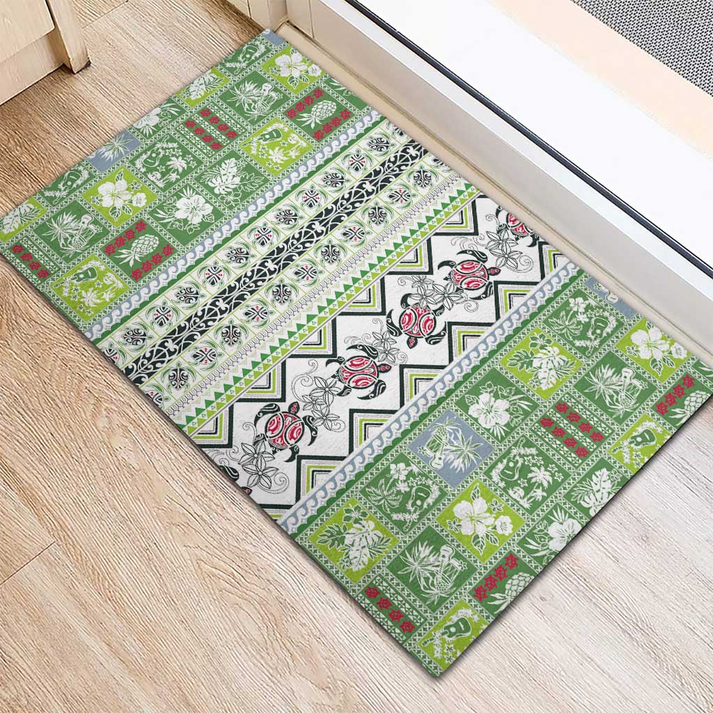 Hawaii Makahiki Turtle Rubber Doormat Green Tapa Pattern - Polynesian Pride
