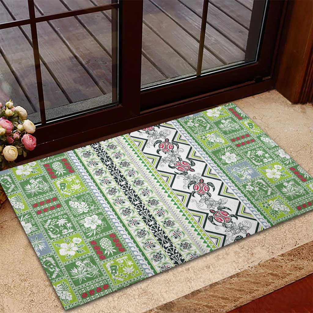 Hawaii Makahiki Turtle Rubber Doormat Green Tapa Pattern - Polynesian Pride