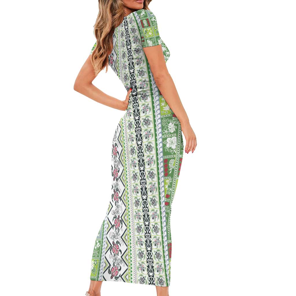 Hawaii Makahiki Turtle Short Sleeve Bodycon Dress Green Tapa Pattern - Polynesian Pride
