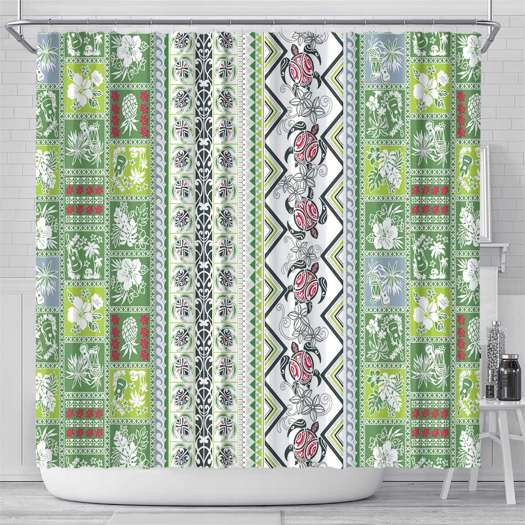 Hawaii Makahiki Turtle Shower Curtain Green Tapa Pattern - Polynesian Pride