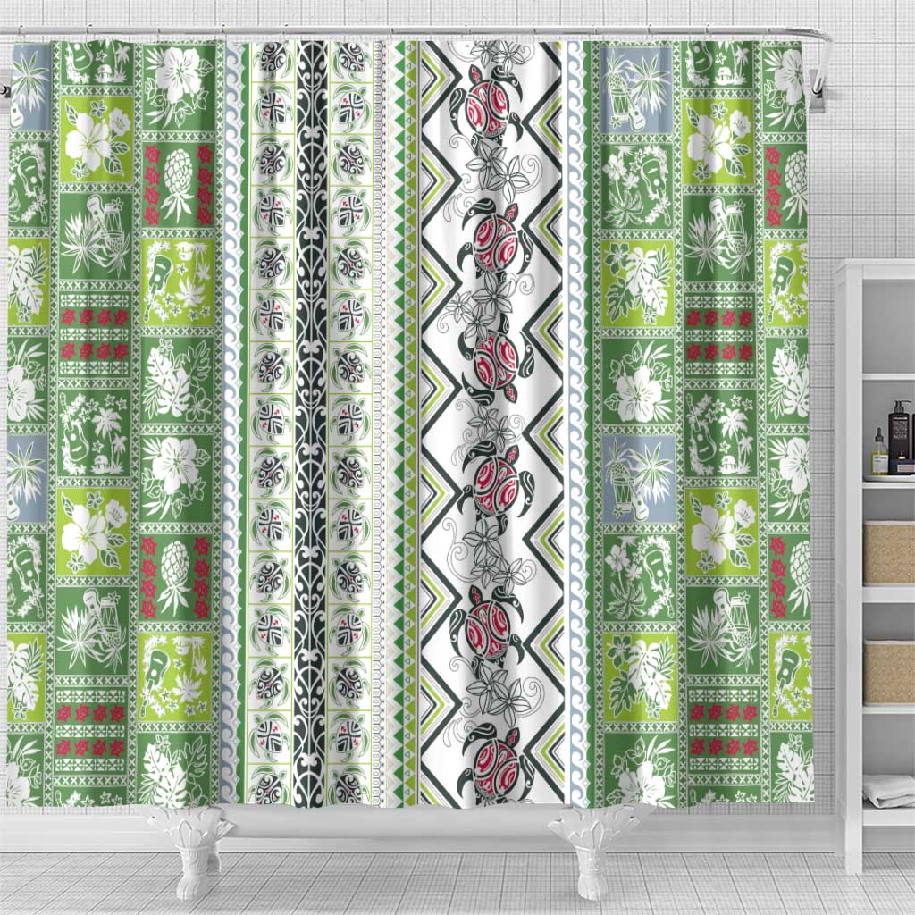 Hawaii Makahiki Turtle Shower Curtain Green Tapa Pattern - Polynesian Pride
