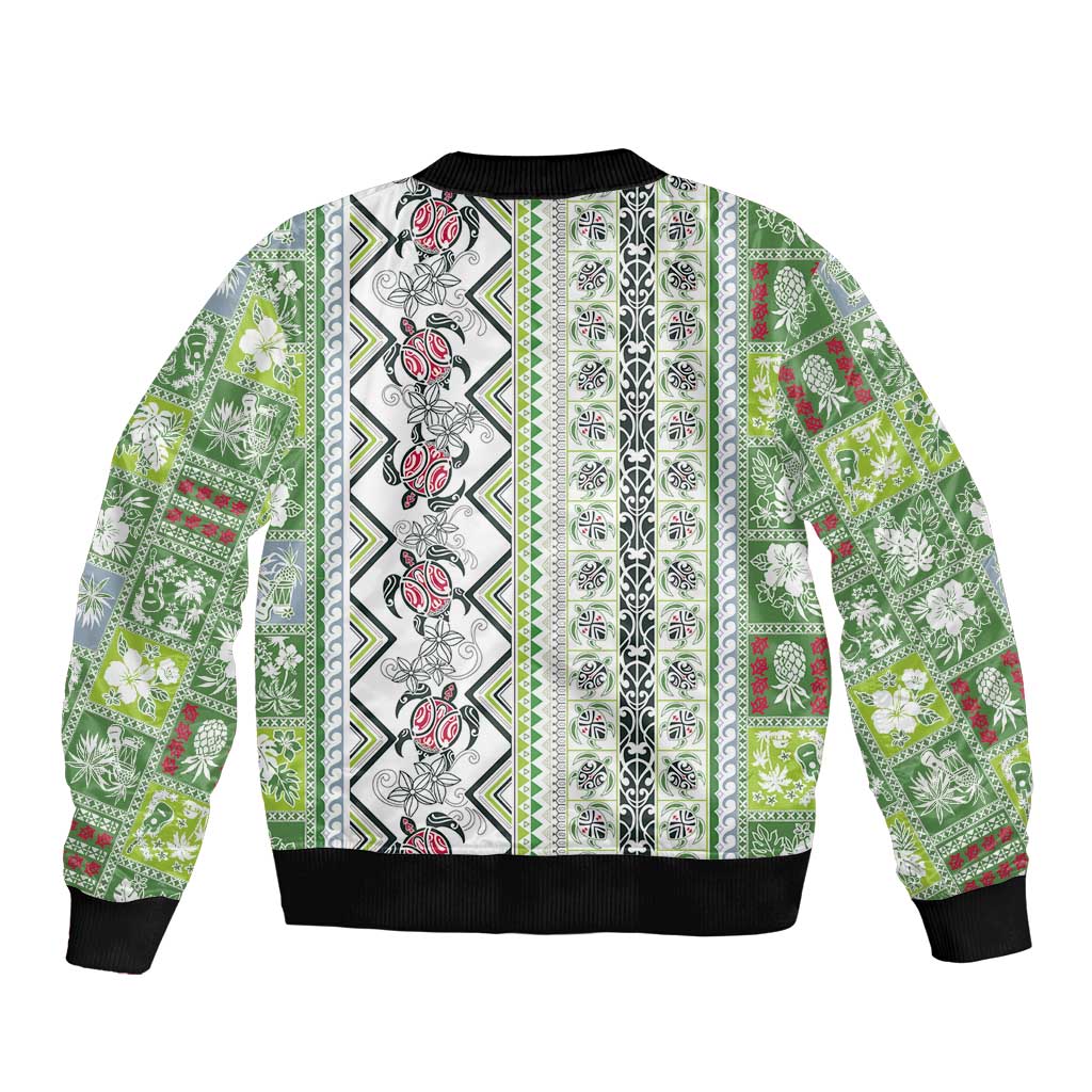 Hawaii Makahiki Turtle Sleeve Zip Bomber Jacket Green Tapa Pattern - Polynesian Pride