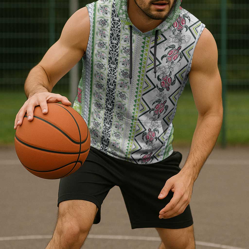 Hawaii Makahiki Turtle Sleeveless Hoodie Green Tapa Pattern - Polynesian Pride