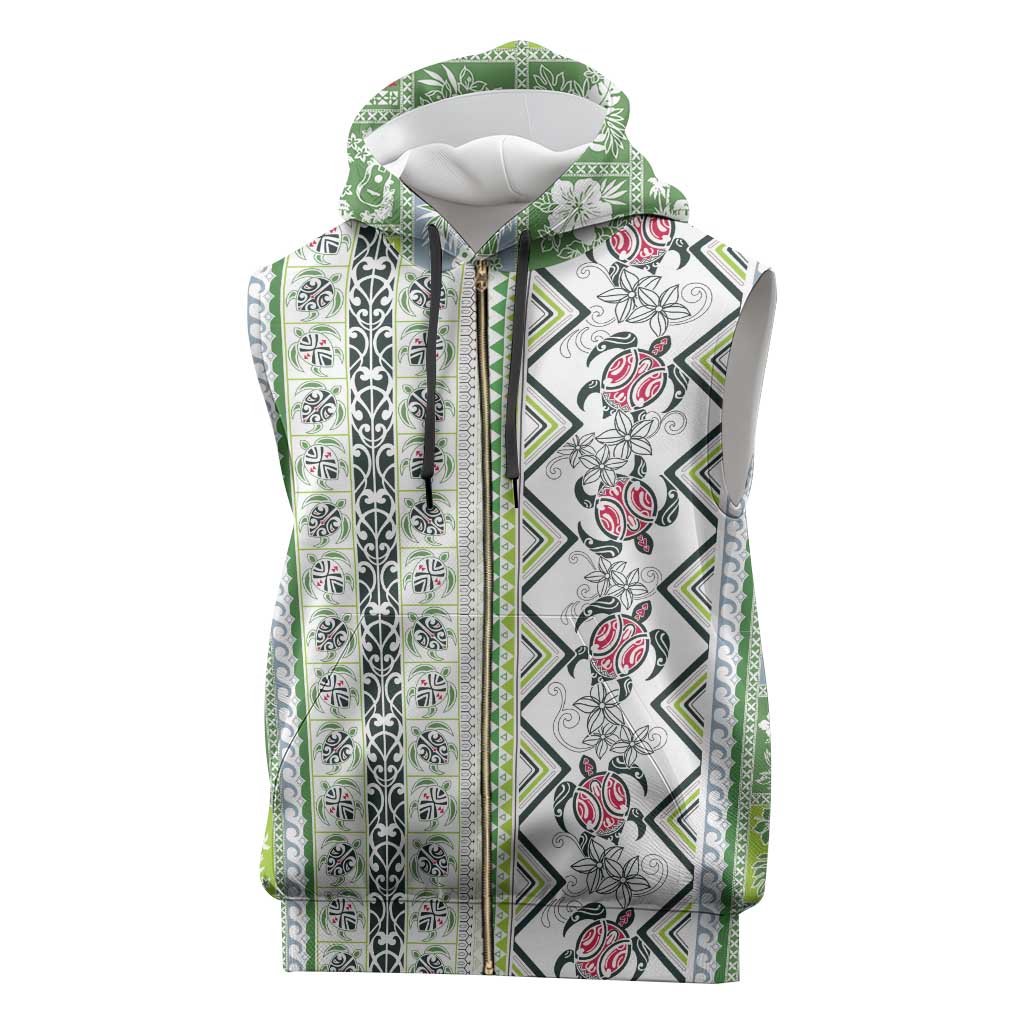 Hawaii Makahiki Turtle Sleeveless Zip Hoodie Green Tapa Pattern - Polynesian Pride