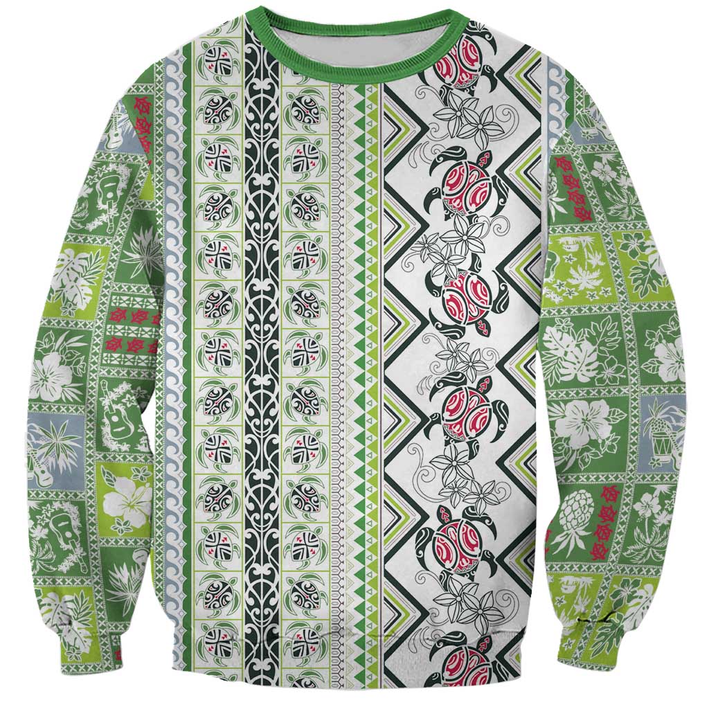 Hawaii Makahiki Turtle Sweatshirt Green Tapa Pattern - Polynesian Pride