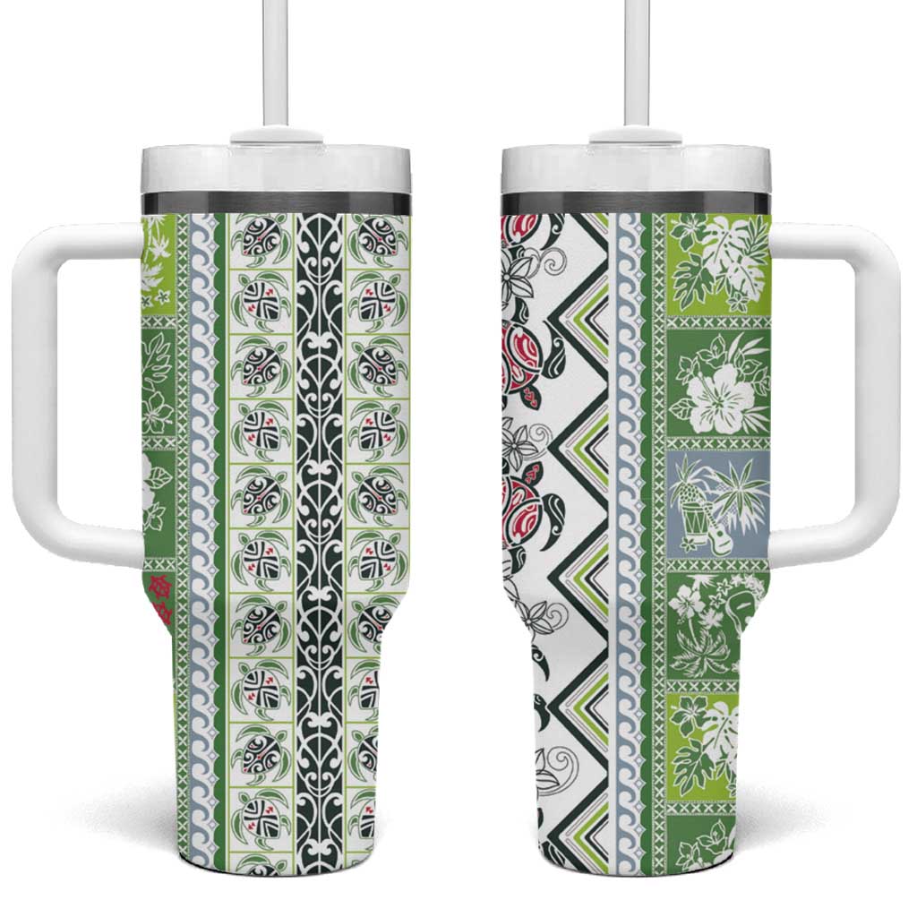 Hawaii Makahiki Turtle Tumbler With Handle Green Tapa Pattern - Polynesian Pride