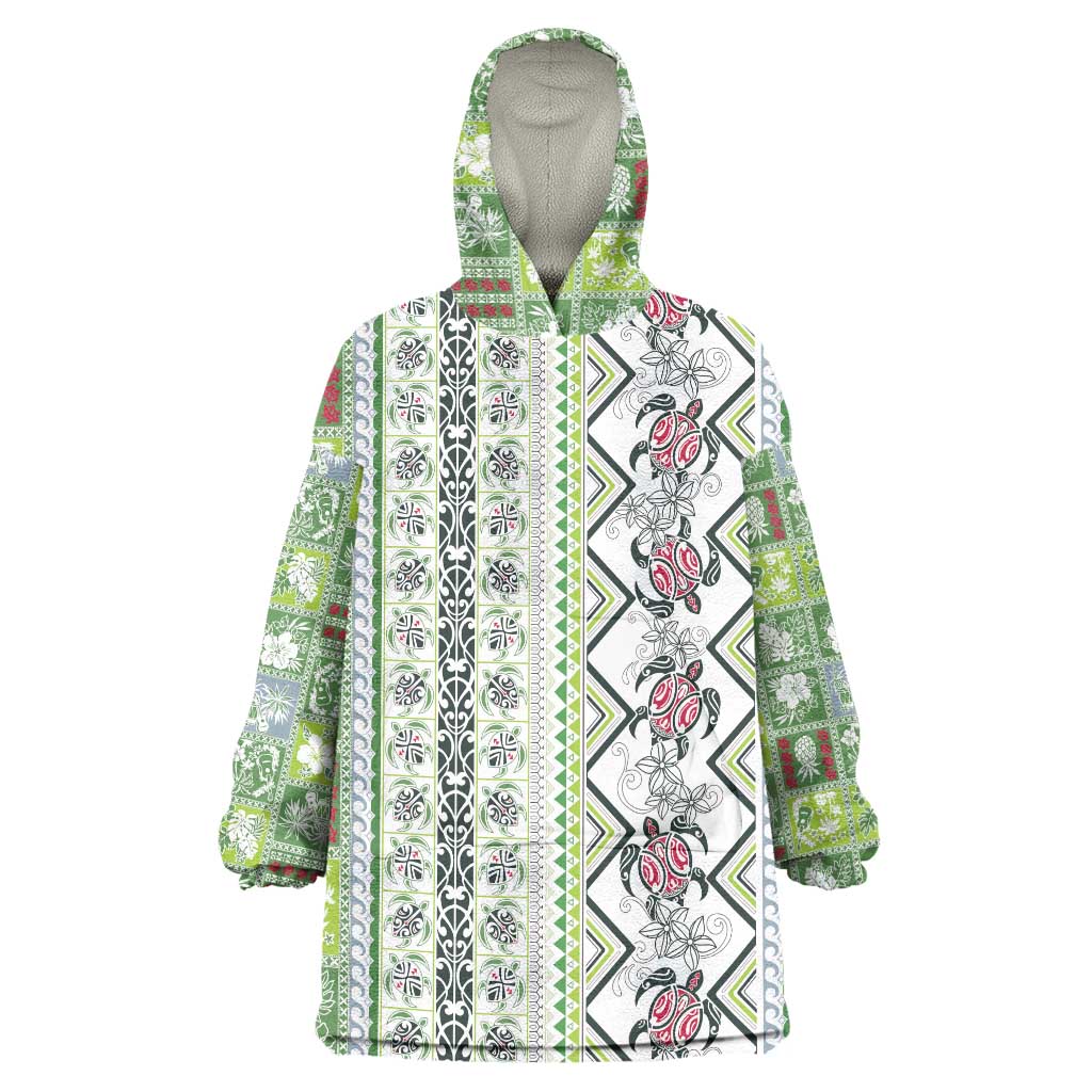 Hawaii Makahiki Turtle Wearable Blanket Hoodie Green Tapa Pattern - Polynesian Pride