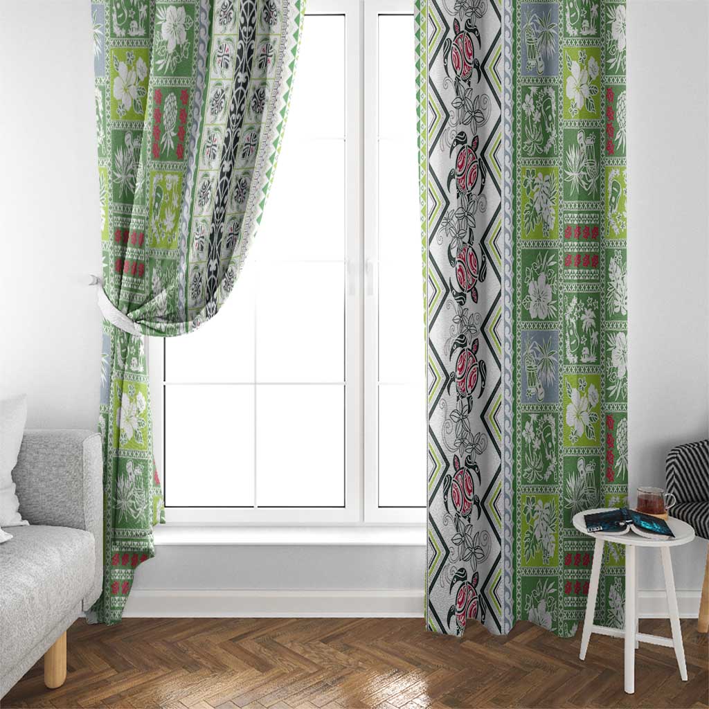 Hawaii Makahiki Turtle Window Curtain Green Tapa Pattern - Polynesian Pride
