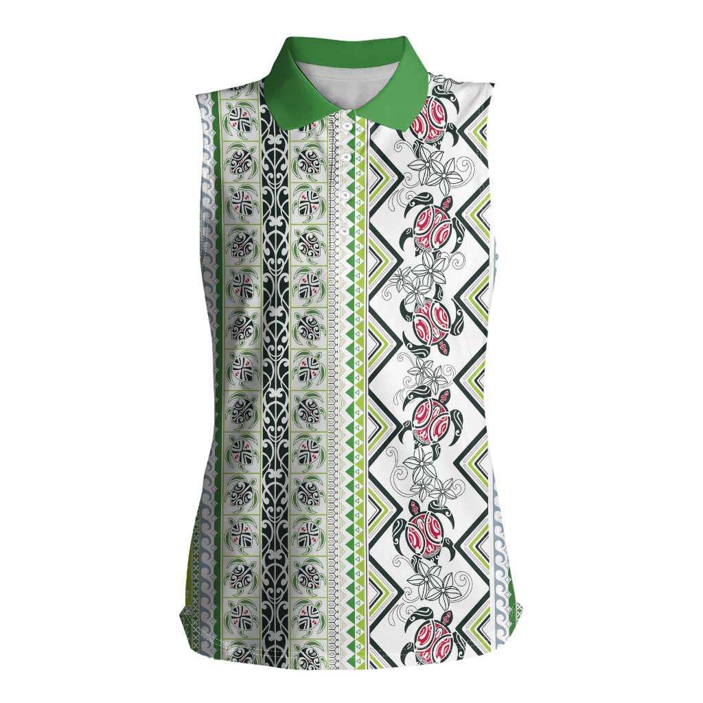Hawaii Makahiki Turtle Women Sleeveless Polo Shirt Green Tapa Pattern - Polynesian Pride