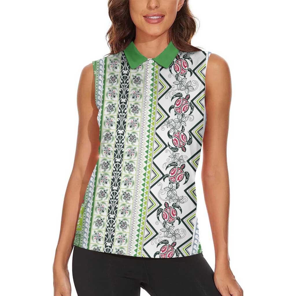 Hawaii Makahiki Turtle Women Sleeveless Polo Shirt Green Tapa Pattern - Polynesian Pride