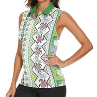 Hawaii Makahiki Turtle Women Sleeveless Polo Shirt Green Tapa Pattern - Polynesian Pride