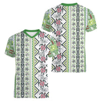 Hawaii Makahiki Turtle Women V-Neck T-Shirt Green Tapa Pattern - Polynesian Pride