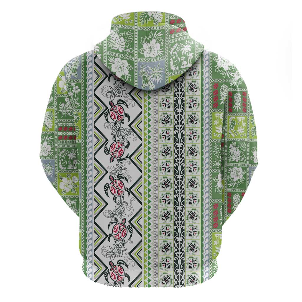 Hawaii Makahiki Turtle Zip Hoodie Green Tapa Pattern - Polynesian Pride