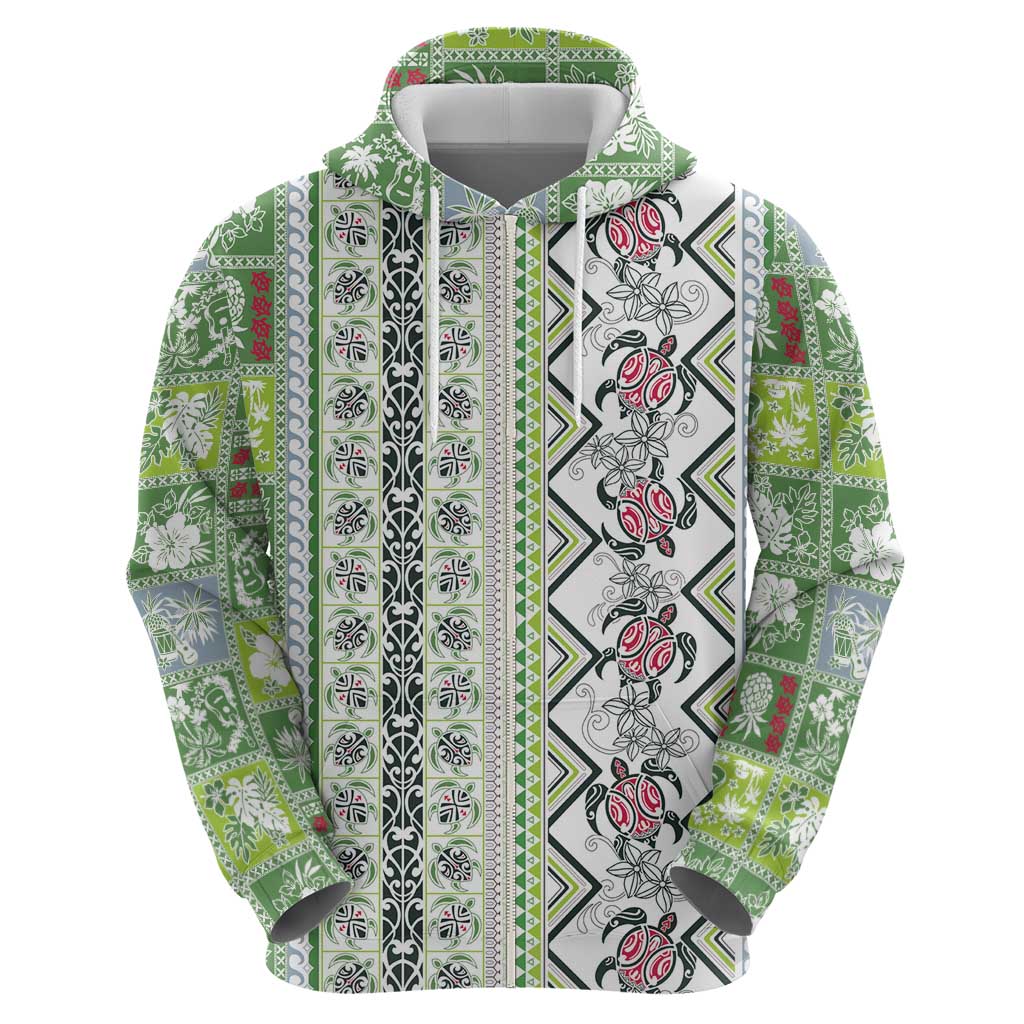 Hawaii Makahiki Turtle Zip Hoodie Green Tapa Pattern - Polynesian Pride