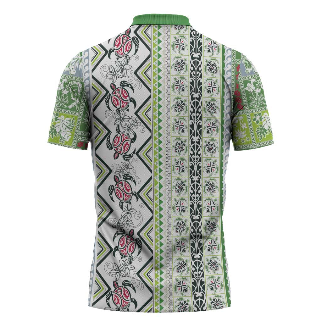 Hawaii Makahiki Turtle Zipper Polo Shirt Green Tapa Pattern - Polynesian Pride