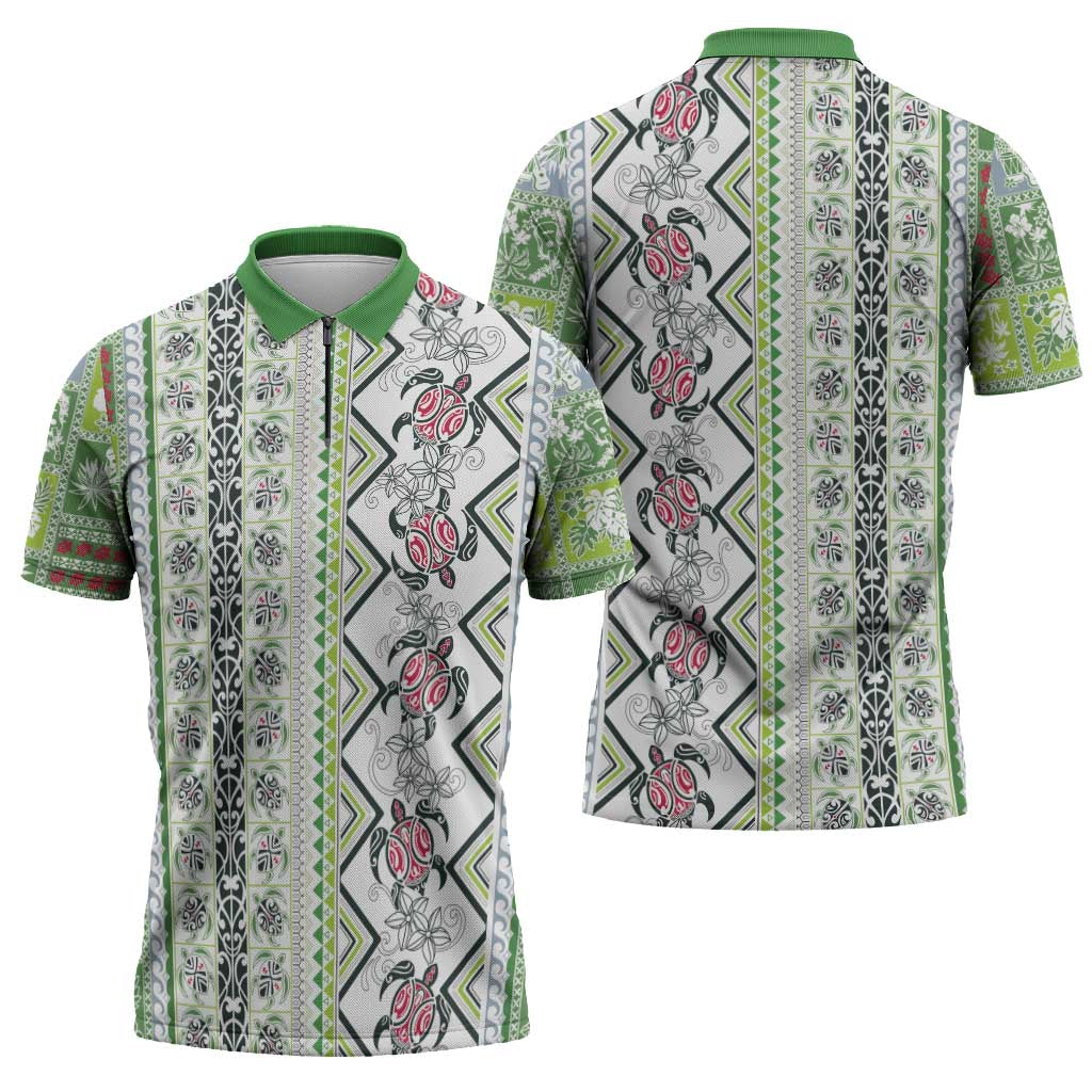 Hawaii Makahiki Turtle Zipper Polo Shirt Green Tapa Pattern - Polynesian Pride