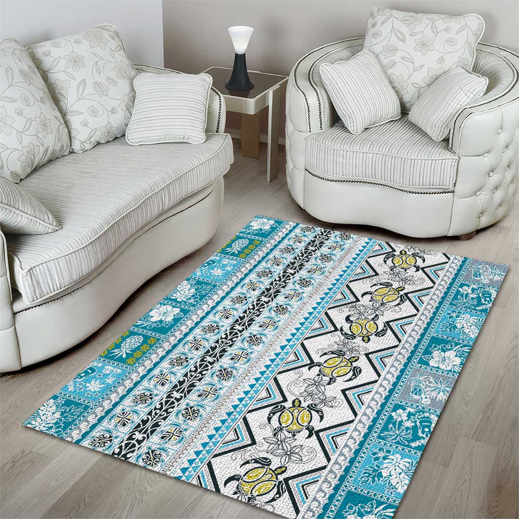 Hawaii Makahiki Turtle Area Rug Blue Tapa Pattern - Polynesian Pride