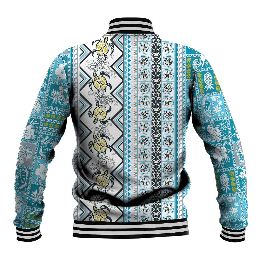 Hawaii Makahiki Turtle Baseball Jacket Blue Tapa Pattern - Polynesian Pride