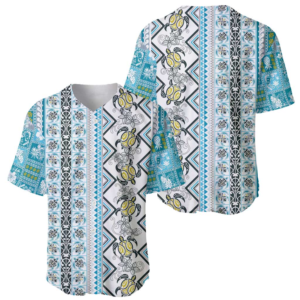 Hawaii Makahiki Turtle Baseball Jersey Blue Tapa Pattern - Polynesian Pride