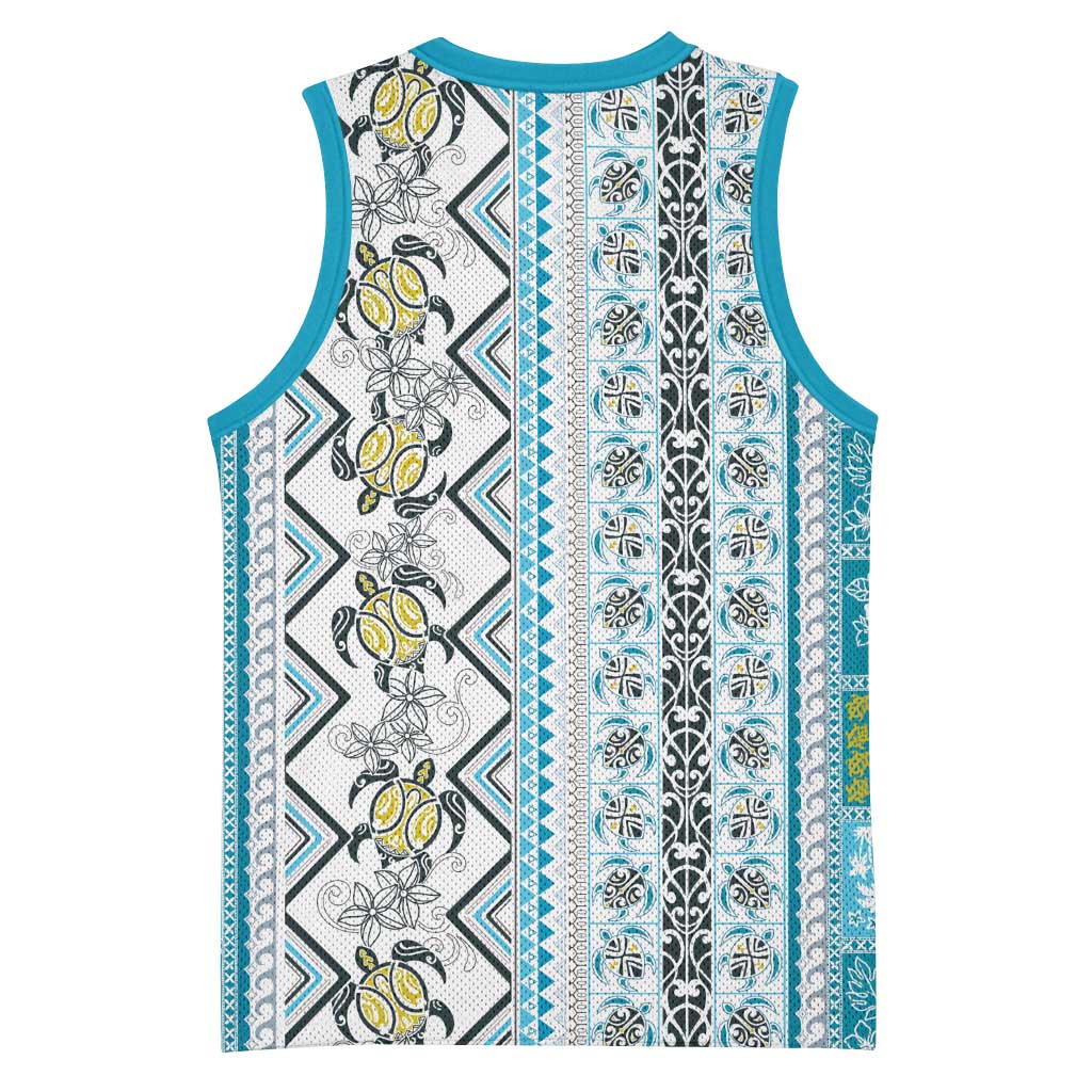 Hawaii Makahiki Turtle Basketball Jersey Blue Tapa Pattern - Polynesian Pride