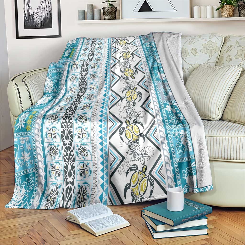 Hawaii Makahiki Turtle Blanket Blue Tapa Pattern - Polynesian Pride