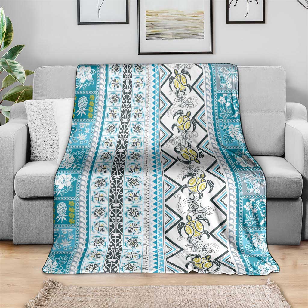Hawaii Makahiki Turtle Blanket Blue Tapa Pattern - Polynesian Pride