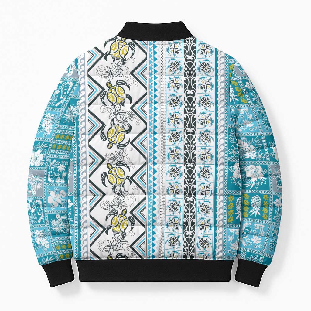 Hawaii Makahiki Turtle Bomber Puffer Jacket Blue Tapa Pattern - Polynesian Pride