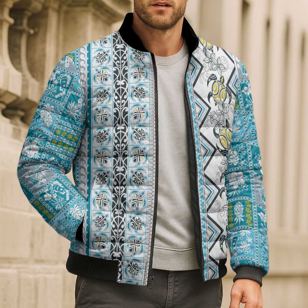 Hawaii Makahiki Turtle Bomber Puffer Jacket Blue Tapa Pattern - Polynesian Pride