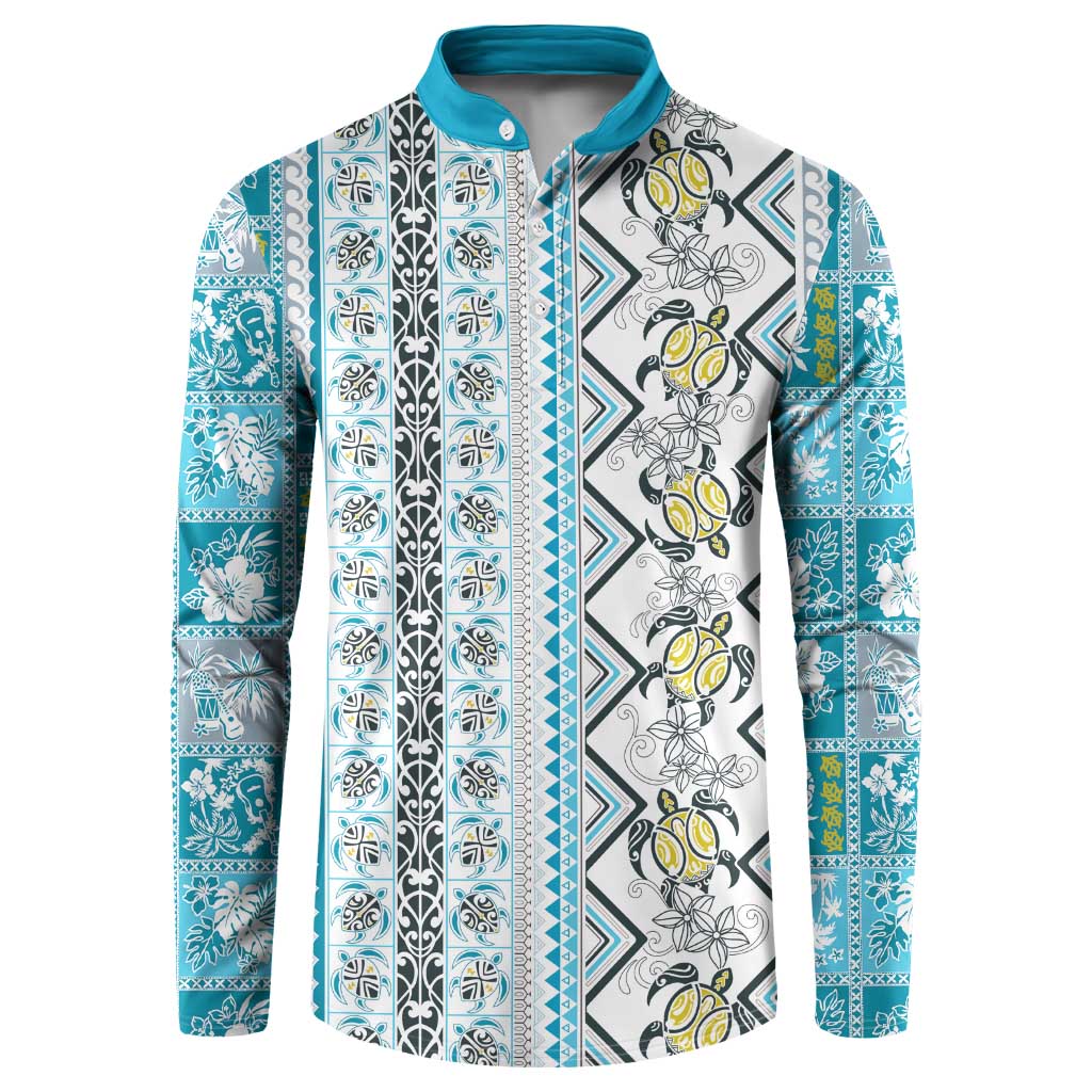 Hawaii Makahiki Turtle Button Sweatshirt Blue Tapa Pattern - Polynesian Pride