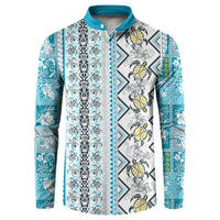 Hawaii Makahiki Turtle Button Sweatshirt Blue Tapa Pattern - Polynesian Pride