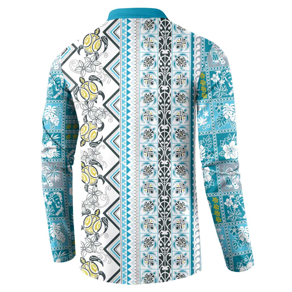 Hawaii Makahiki Turtle Button Sweatshirt Blue Tapa Pattern - Polynesian Pride