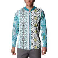 Hawaii Makahiki Turtle Button Sweatshirt Blue Tapa Pattern - Polynesian Pride