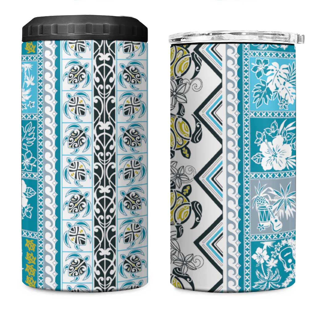 Hawaii Makahiki Turtle 4 in 1 Can Cooler Tumbler Blue Tapa Pattern - Polynesian Pride