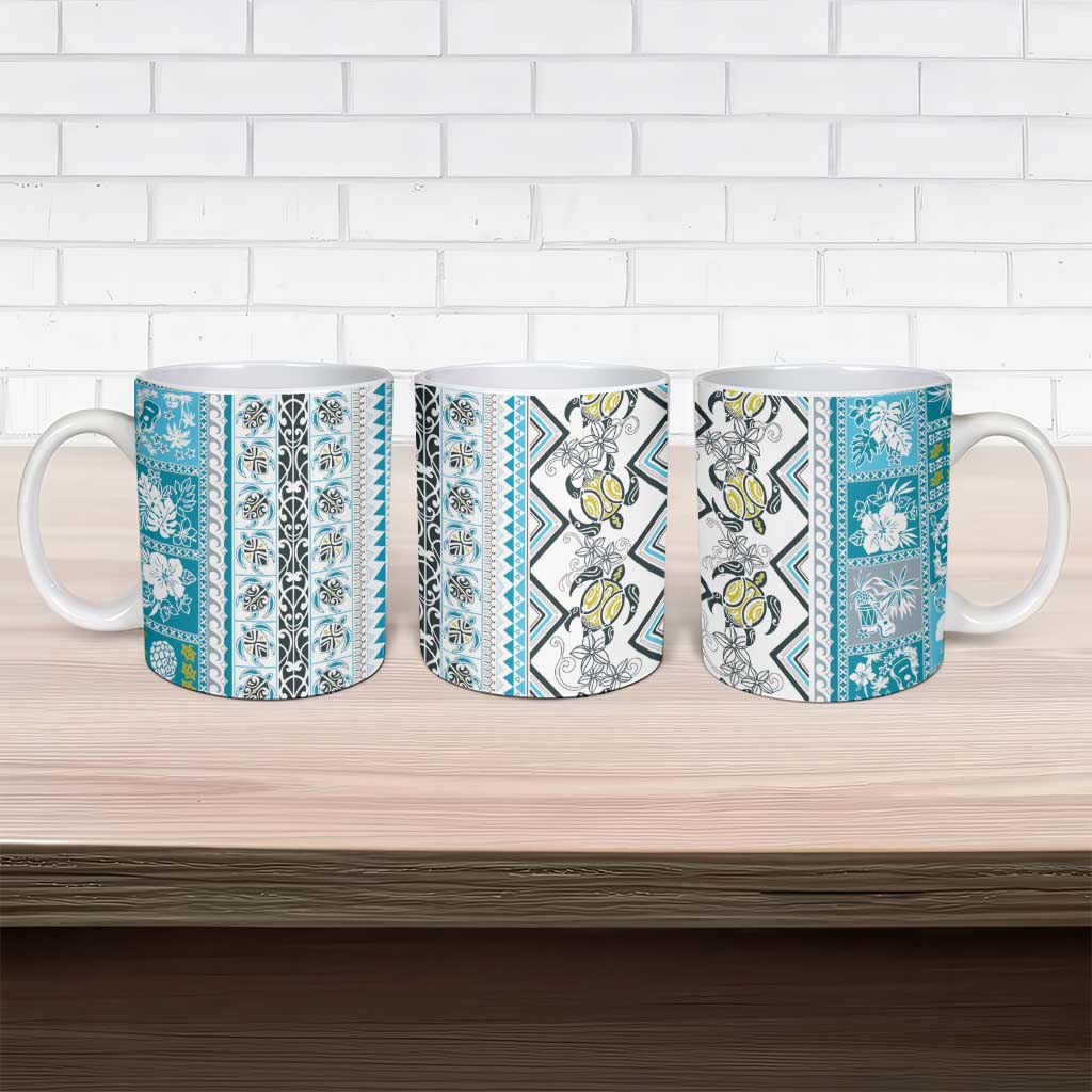 Hawaii Makahiki Turtle Ceramic Mug Blue Tapa Pattern - Polynesian Pride