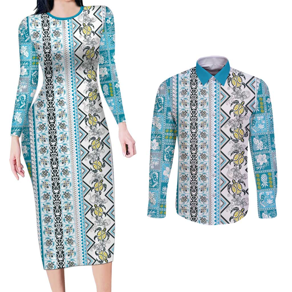 Hawaii Makahiki Turtle Couples Matching Long Sleeve Bodycon Dress and Long Sleeve Button Shirt Blue Tapa Pattern - Polynesian Pride