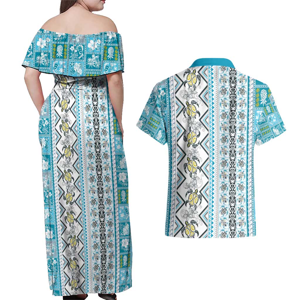 Hawaii Makahiki Turtle Couples Matching Off Shoulder Maxi Dress and Hawaiian Shirt Blue Tapa Pattern - Polynesian Pride