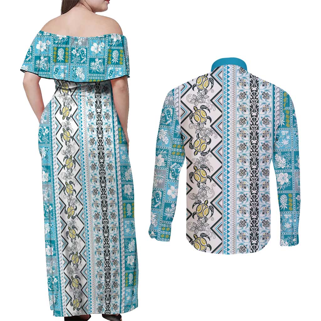 Hawaii Makahiki Turtle Couples Matching Off Shoulder Maxi Dress and Long Sleeve Button Shirt Blue Tapa Pattern - Polynesian Pride
