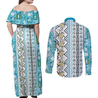 Hawaii Makahiki Turtle Couples Matching Off Shoulder Maxi Dress and Long Sleeve Button Shirt Blue Tapa Pattern - Polynesian Pride