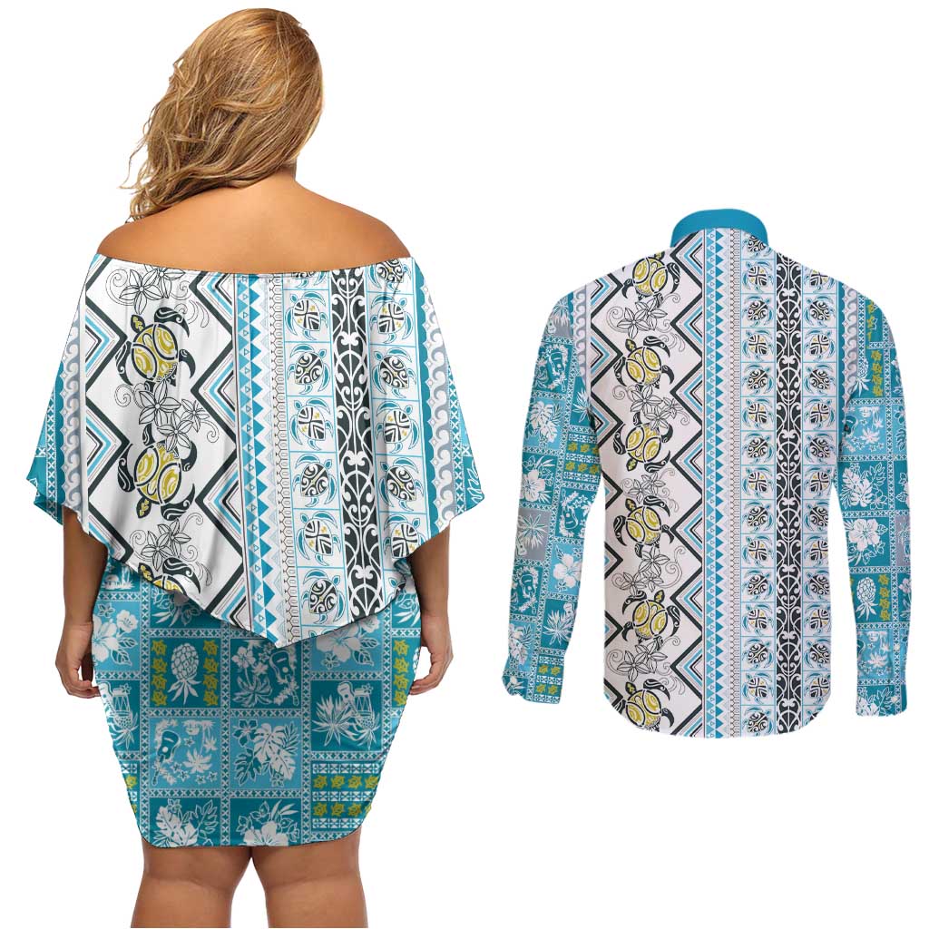 Hawaii Makahiki Turtle Couples Matching Off Shoulder Short Dress and Long Sleeve Button Shirt Blue Tapa Pattern - Polynesian Pride