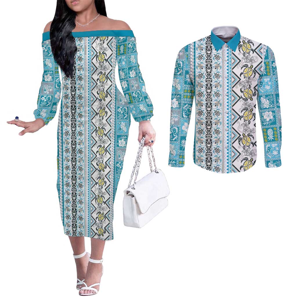 Hawaii Makahiki Turtle Couples Matching Off The Shoulder Long Sleeve Dress and Long Sleeve Button Shirt Blue Tapa Pattern - Polynesian Pride